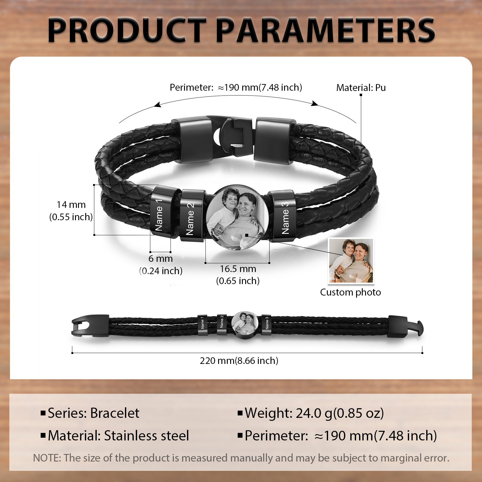 Personalised Men's Leather Bracelet Custom 3 Names & 1 Photo Braided Bracelet Father's Day Gifts for Him-Jessemade AU