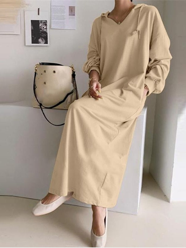 Women's Long Sleeve Hooded Solid Color Maxi Dress
