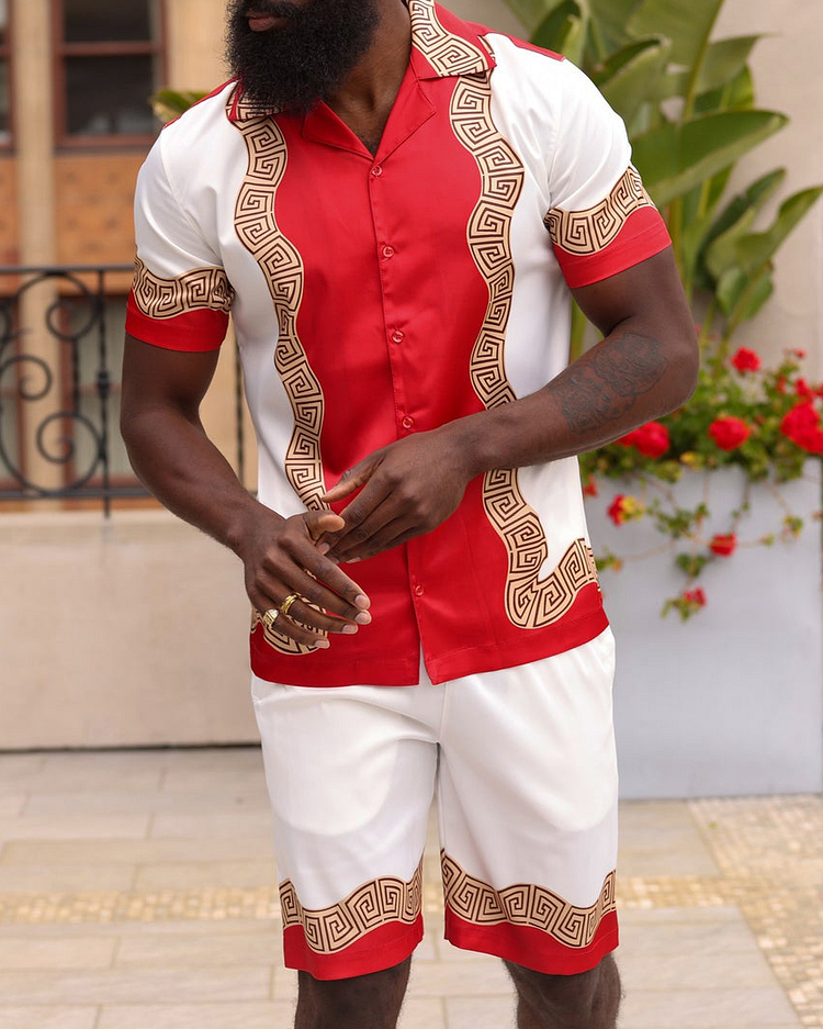 Men's Color Block Pattern Short-sleeved Shirt and Shorts Suit