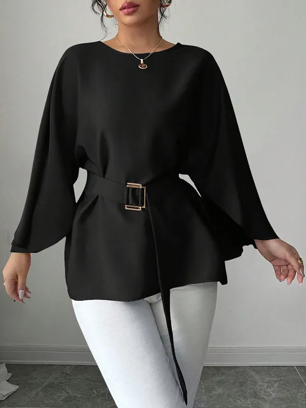 Tied Waist Split-Joint Batwing Sleeves Round-Neck Blouses&Shirts Tops BLACK-XL