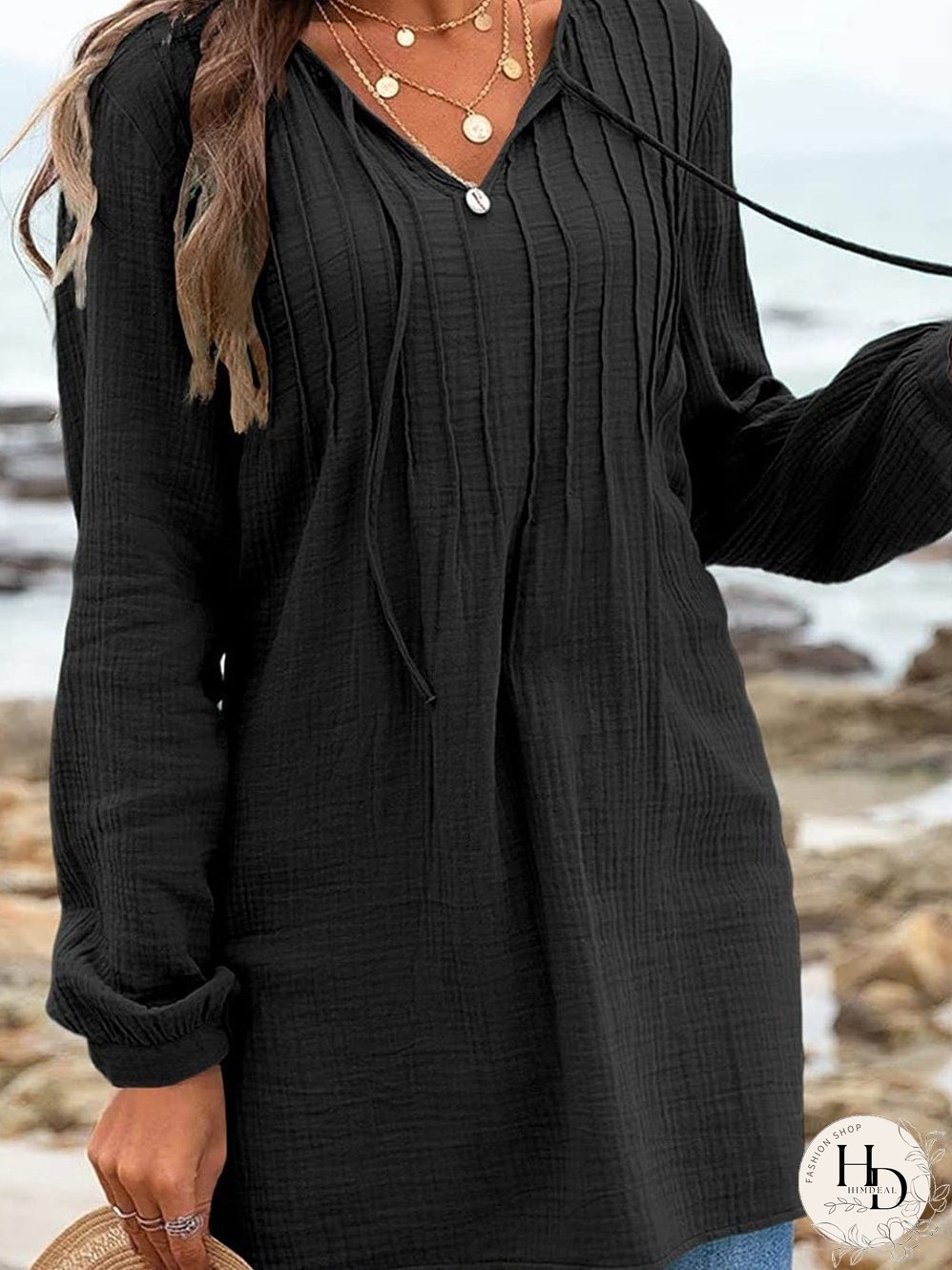 Vintage Black Pleated V Neck Loose Top