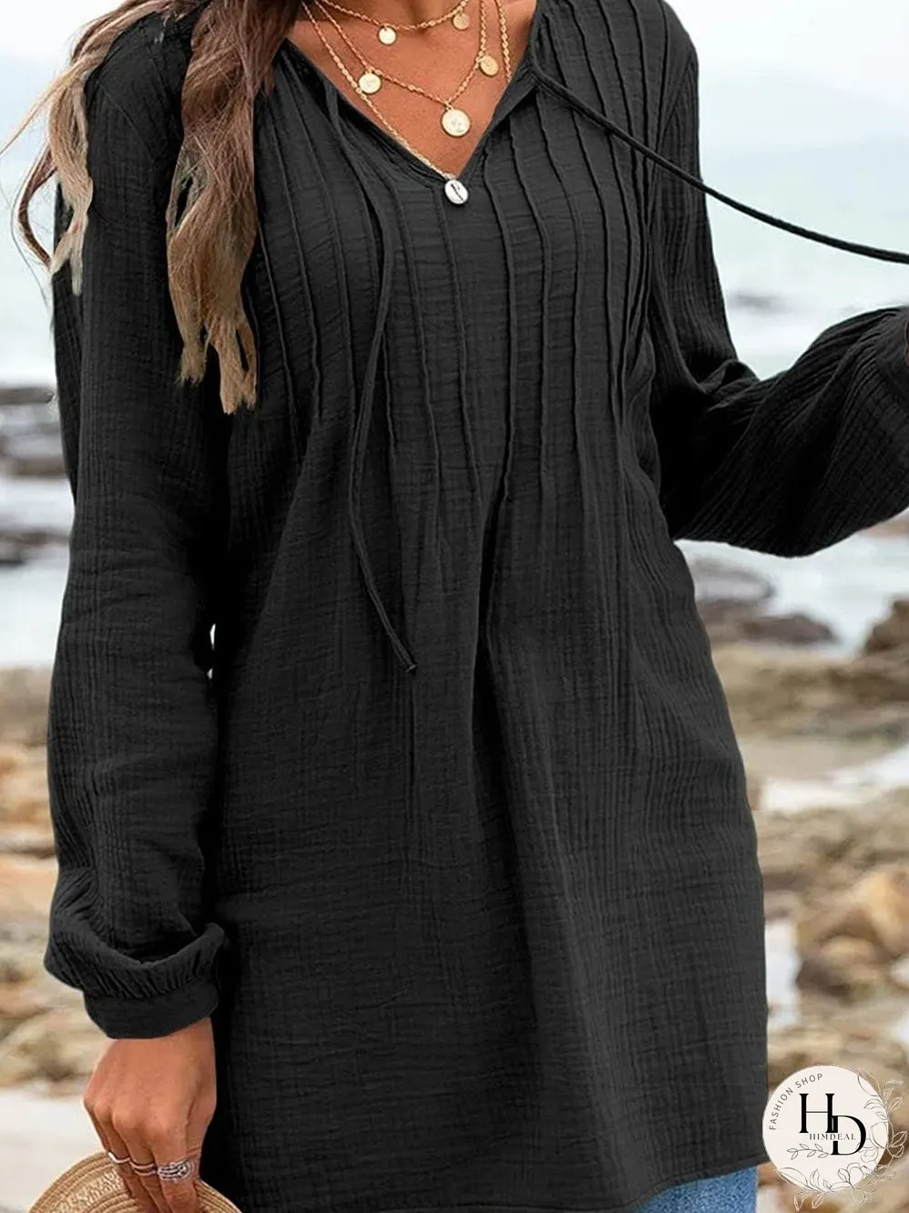 Vintage Black Pleated V Neck Loose Top