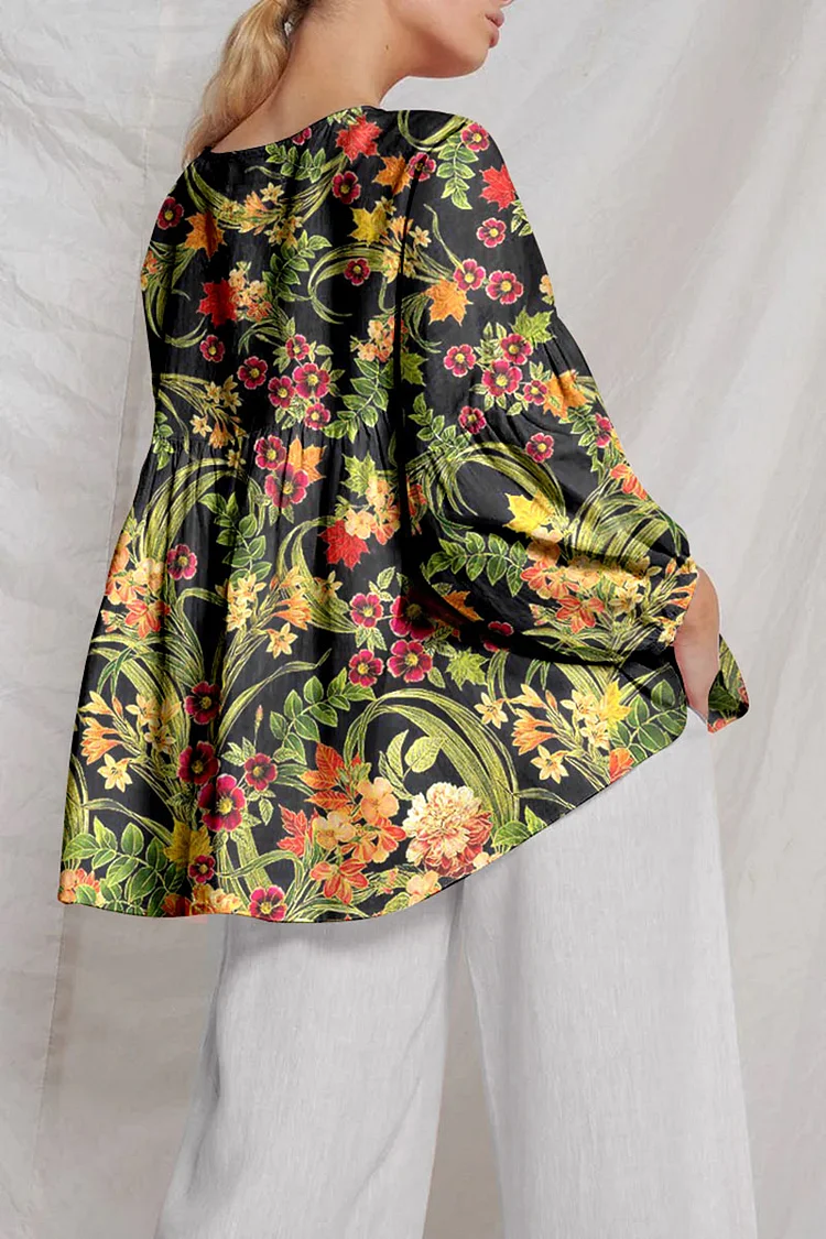 Floral Print Frill Stitching V Neck Lantern Sleeve Linen Top [Pre Order]