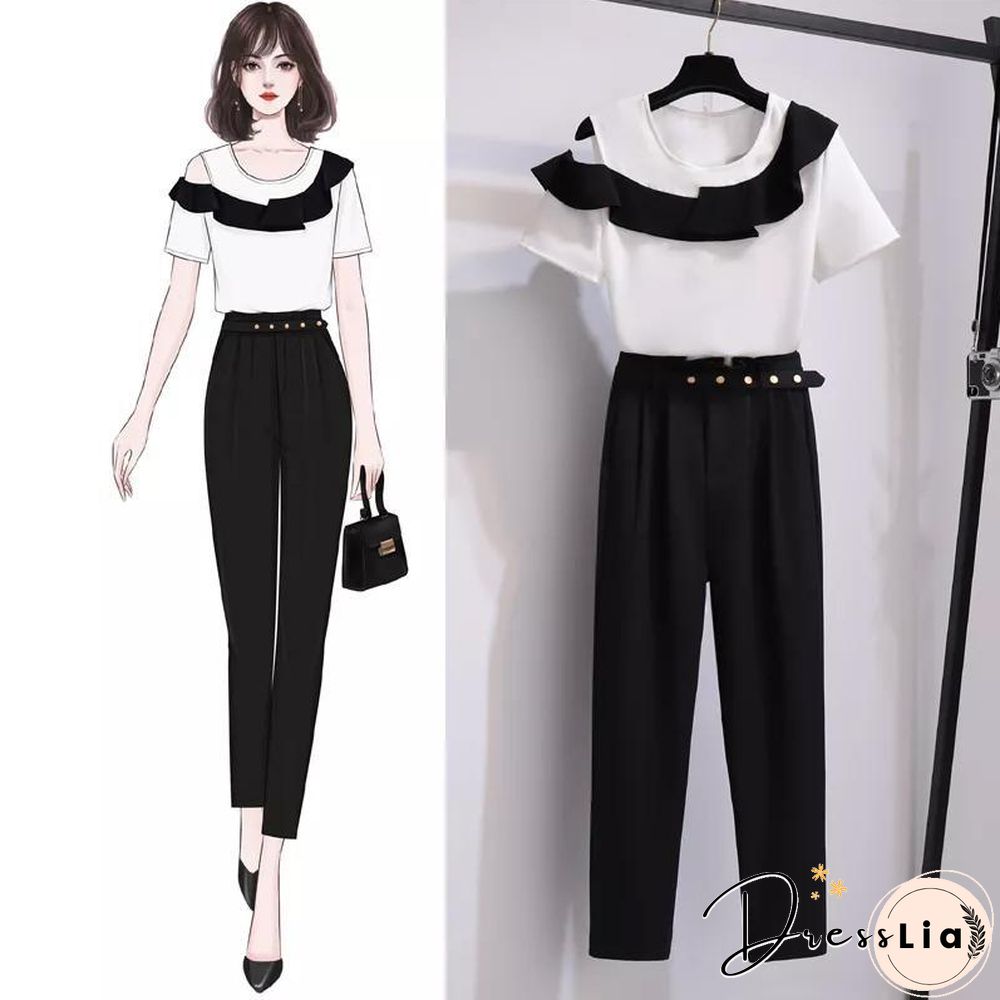 Fashion Ruffle Tee+Belt Pants P11684