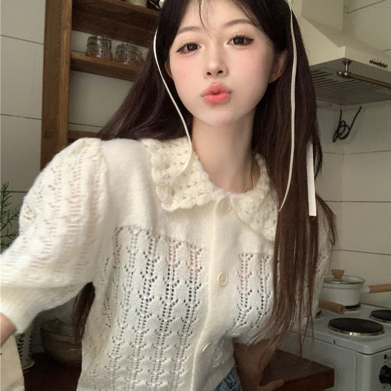 Uveng Uveng Retro Short-Sleeved Knitted Jersey Jacket Women's Summer 2024 New Korean Version Of Short Bubble Sleeve Hollow Top