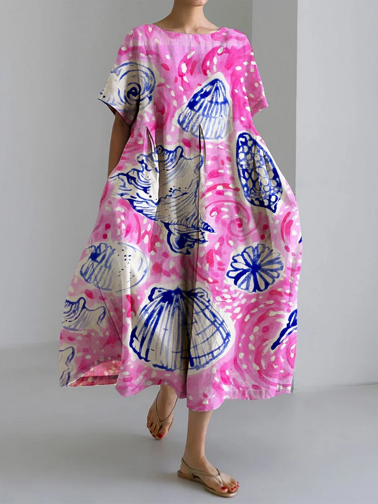 Women's Pink Shell Print Large Size Loose Strap Print Dress Long Skirt socialshop