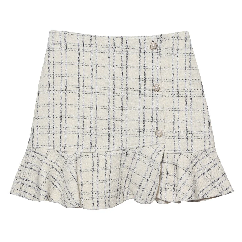 Brownm 2023 New Autumn And Winter Lattice Coarse Flowers Half-Body Skirt High Waist A-Word Bag Hip Irregular Fishtail Skirt 8876