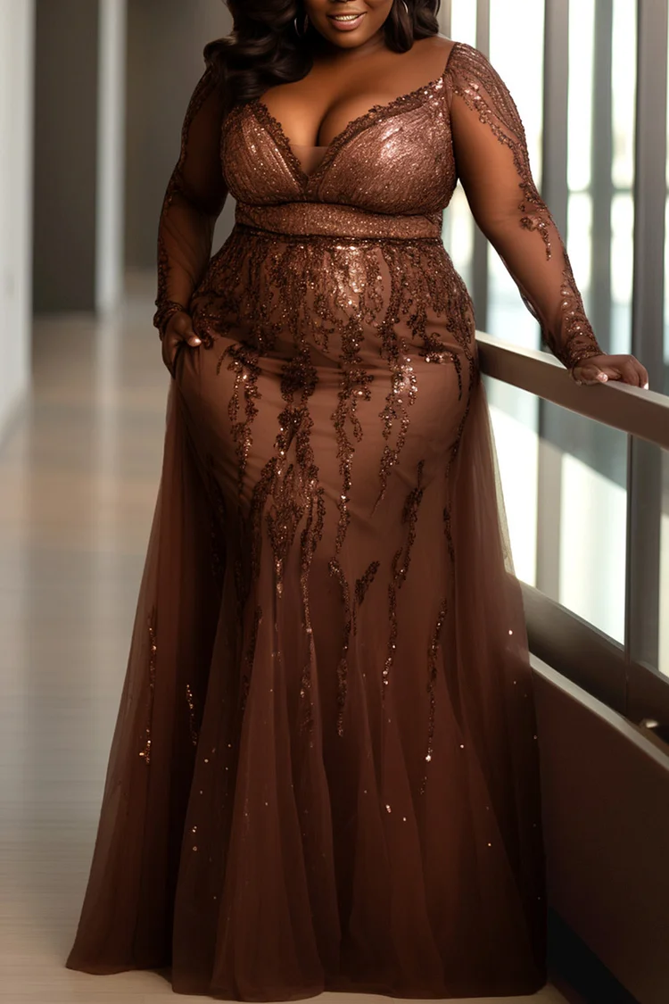 Xpluswear Design Plus Size Formal Brown V Neck Long Sleeve See Through Sequin Tulle Maxi Dresses [Pre-Order]