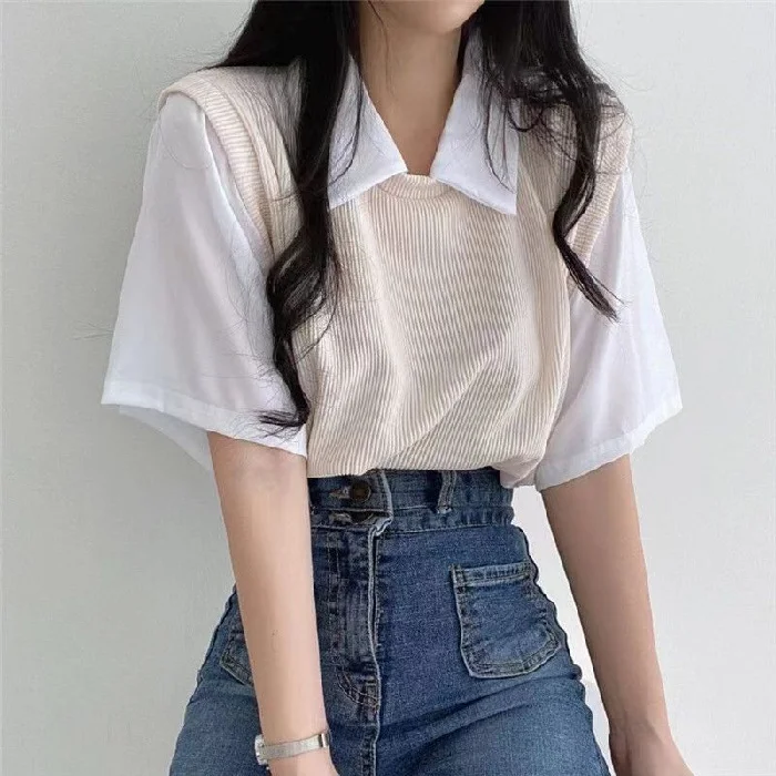 Uveng Uveng Summer Polo Lapel Fake Two College Wind Contrast Color Short-Sleeved T-Shirt Women's Loose Casual Versatile Top Ins