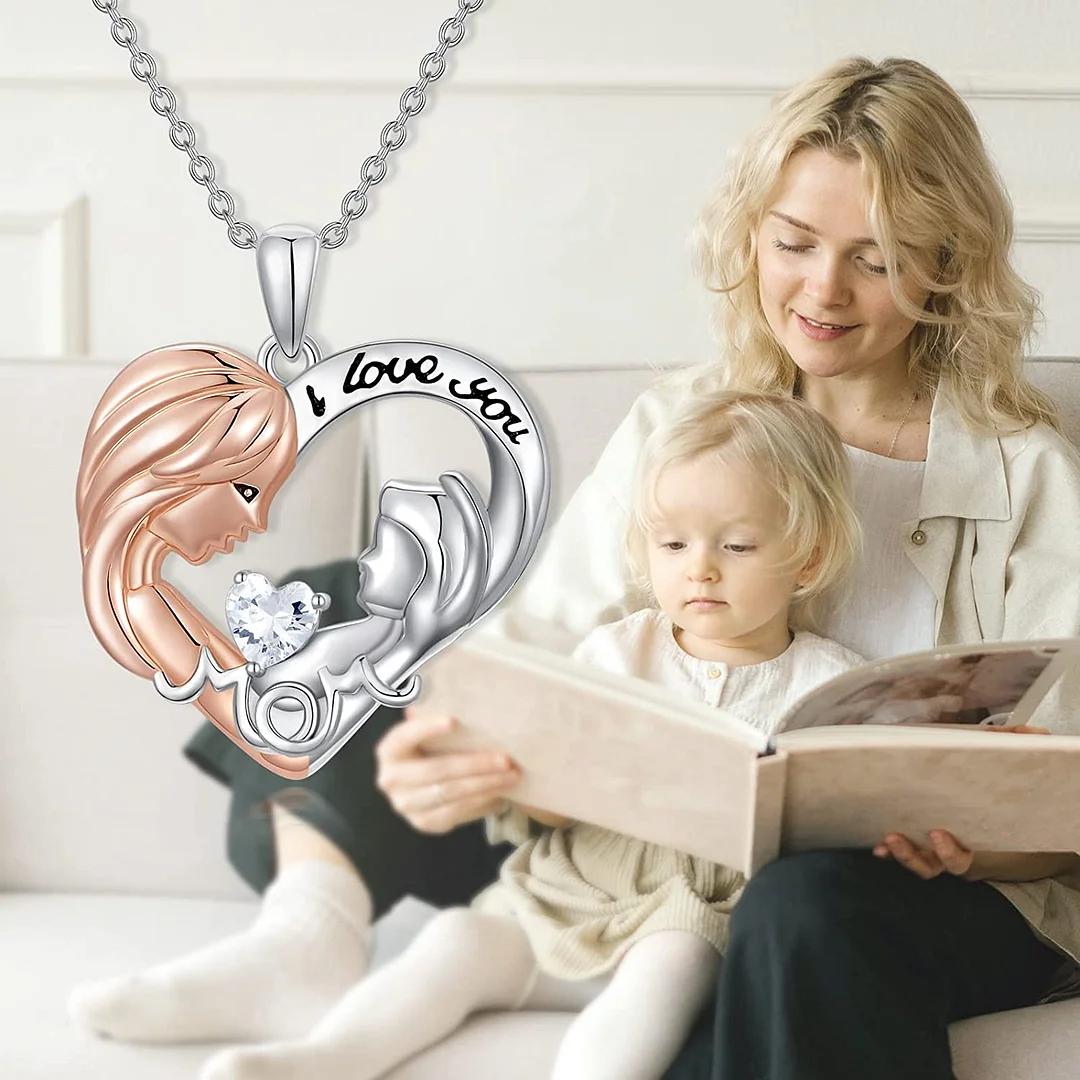 Mother Child Necklace Heart Pendant Necklace with Crystal Mothers Day Jewelry Gifts