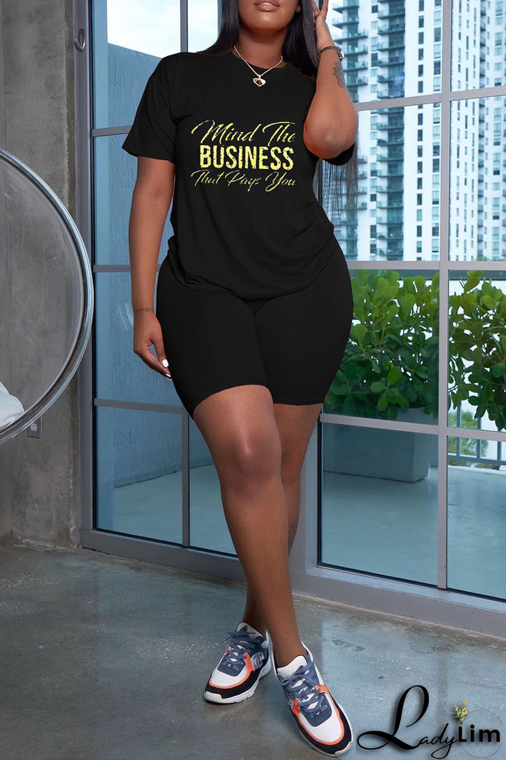 Black Fashion Casual Letter Print Basic O Neck Short Sleeve Two Pieces