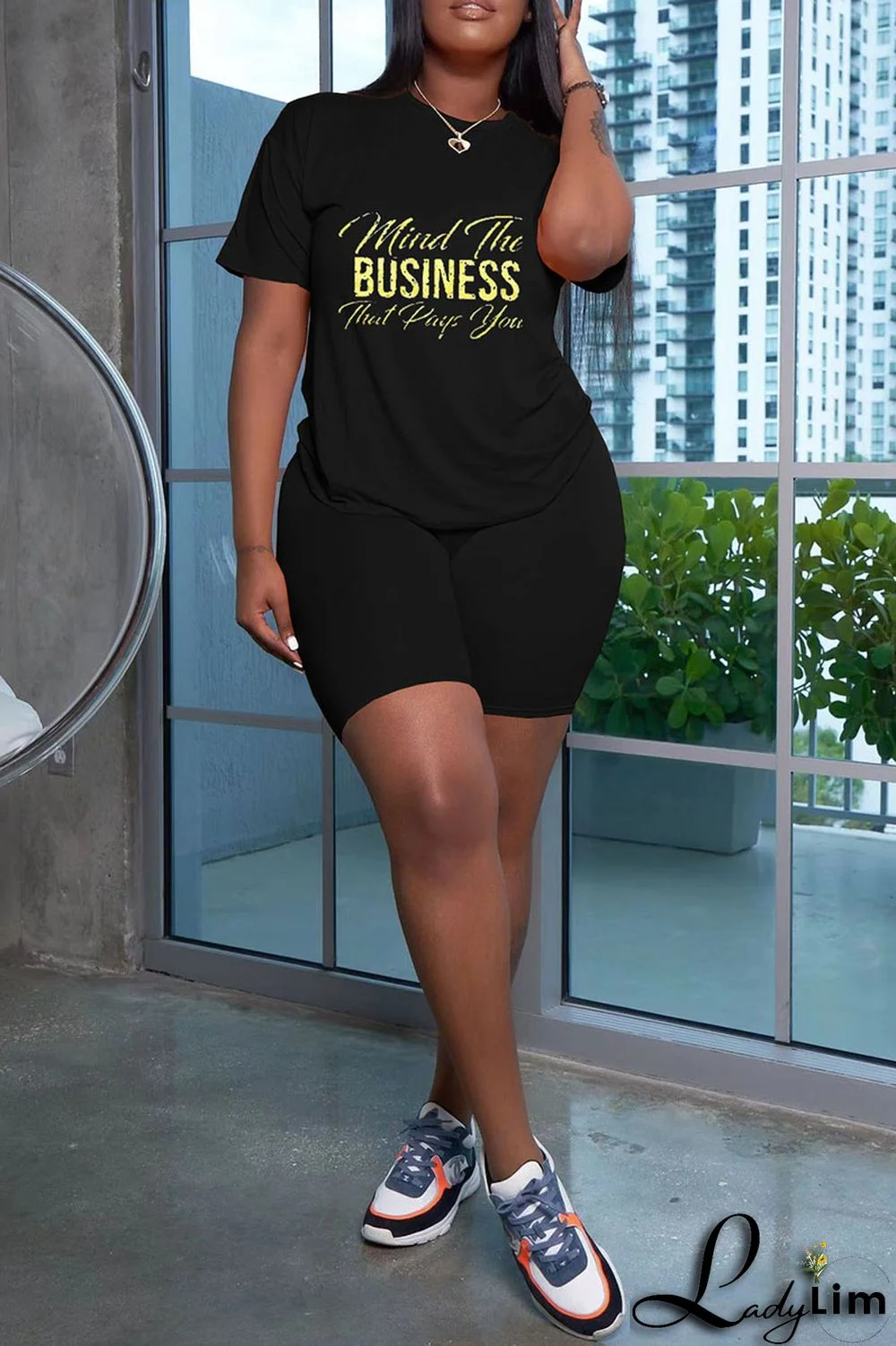 Black Fashion Casual Letter Print Basic O Neck Short Sleeve Two Pieces