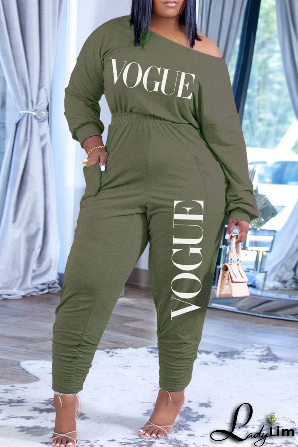 Pink Fashion Casual Letter Print Fold Oblique Collar Regular Jumpsuits