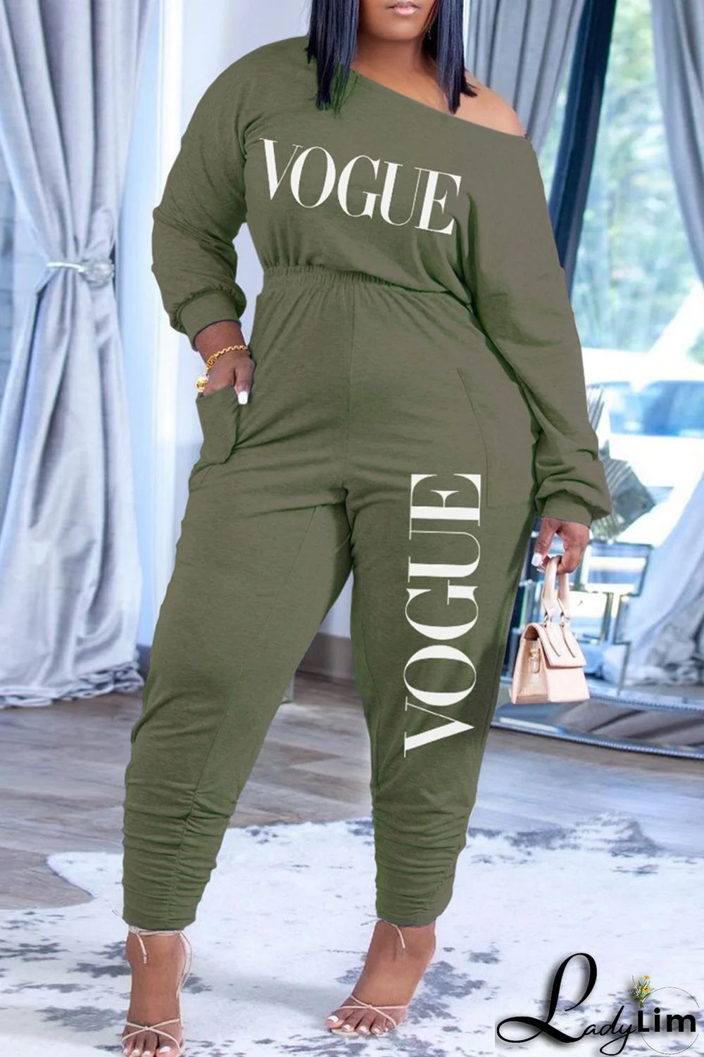 Pink Fashion Casual Letter Print Fold Oblique Collar Regular Jumpsuits