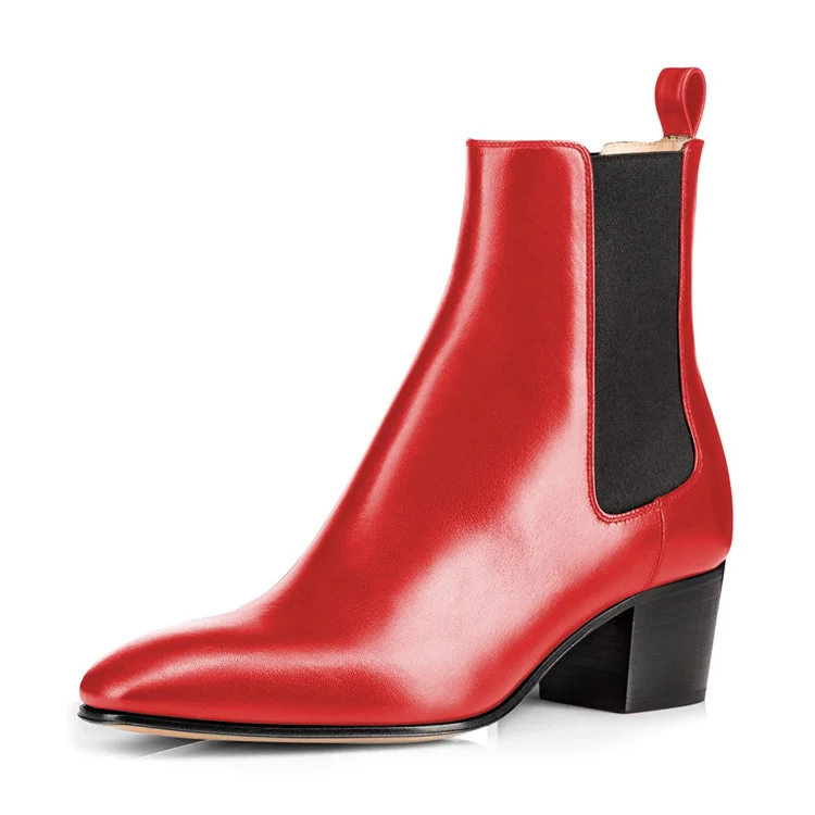 Fashion Red Chelsea Boots Patent Leather Ankle Chunky Heel Boots |FSJ Shoes