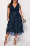Plus Size Plain V Neck Mesh Sleeveless Elegant  A Line Midi Dress