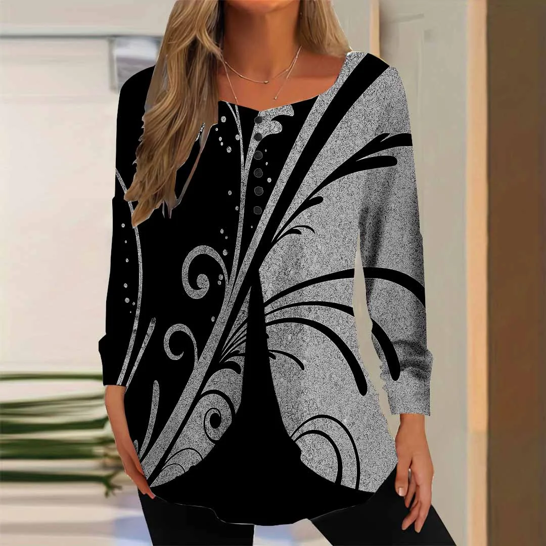 Women Graphic,Black DZGG8327 Long Sleeve Scoop Neck Printed Graphic Button Fake 2in1 Tops