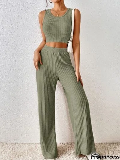 Ribbed Round Neck Tank and Pants Sweater Set