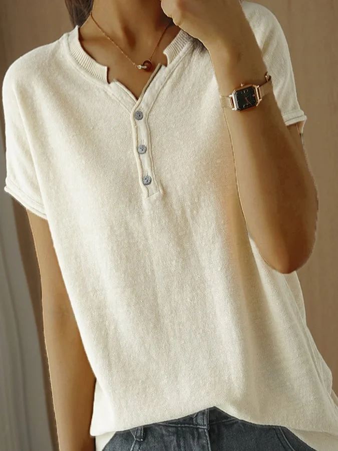 Women's Short Sleeve Casual V-Neck Knitted Top
