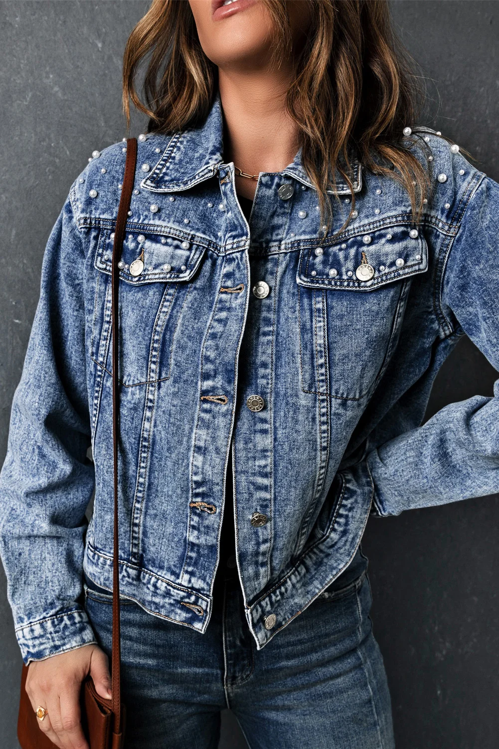 Sky Blue Pearl Turn Down Collar Denim Jacket | IFYHOME