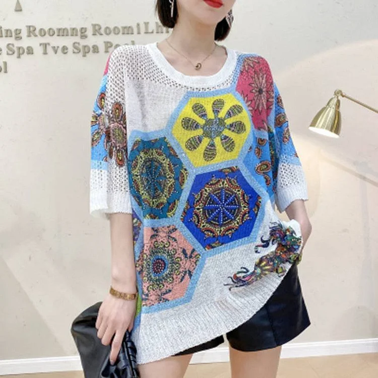 Ethnic Printed Hollowed Casual Pullover QueenFunky