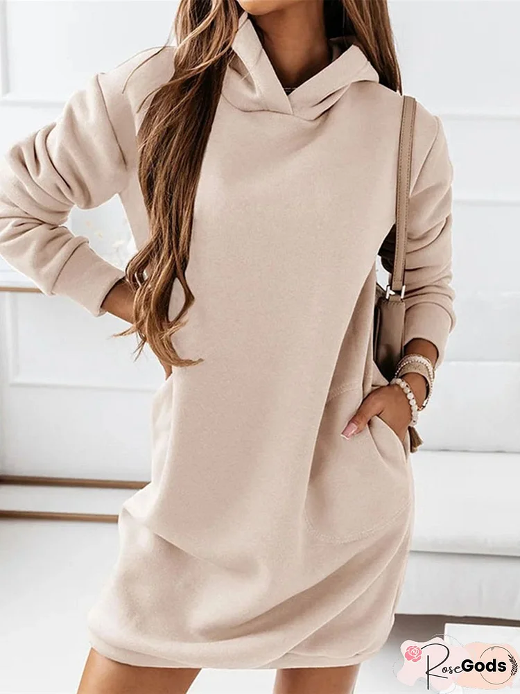 Women Casual Simple Chic Long Sleeve Pocket Hoodie Dress