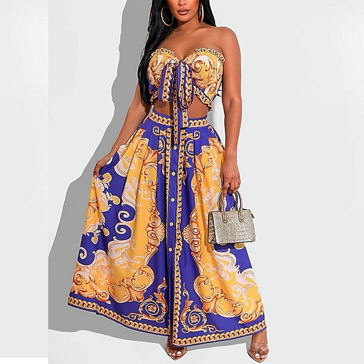 Casual Printed Crop Top and Mid-length Skirt Suit