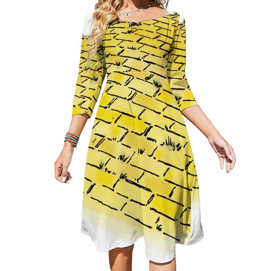 Vintage Wizard Of Oz Yellow Brick Road Pattern Dress Sweetheart Tie Back Flared 3/4 Sleeve Midi Dresses