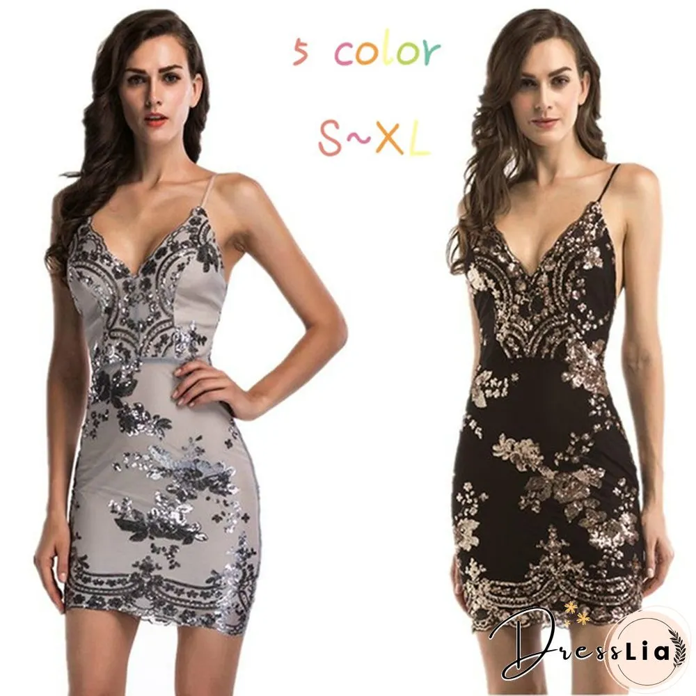 dress sexy v-neck backless women sundress luxury party club wear mini sequined dress