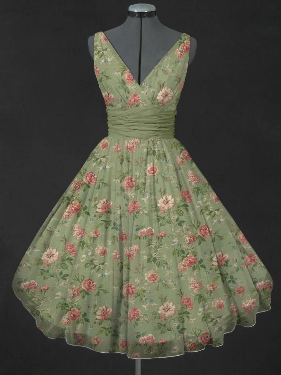 Retro Floral Print V-Neck 50's Fashion Sleeveless Midi Dress