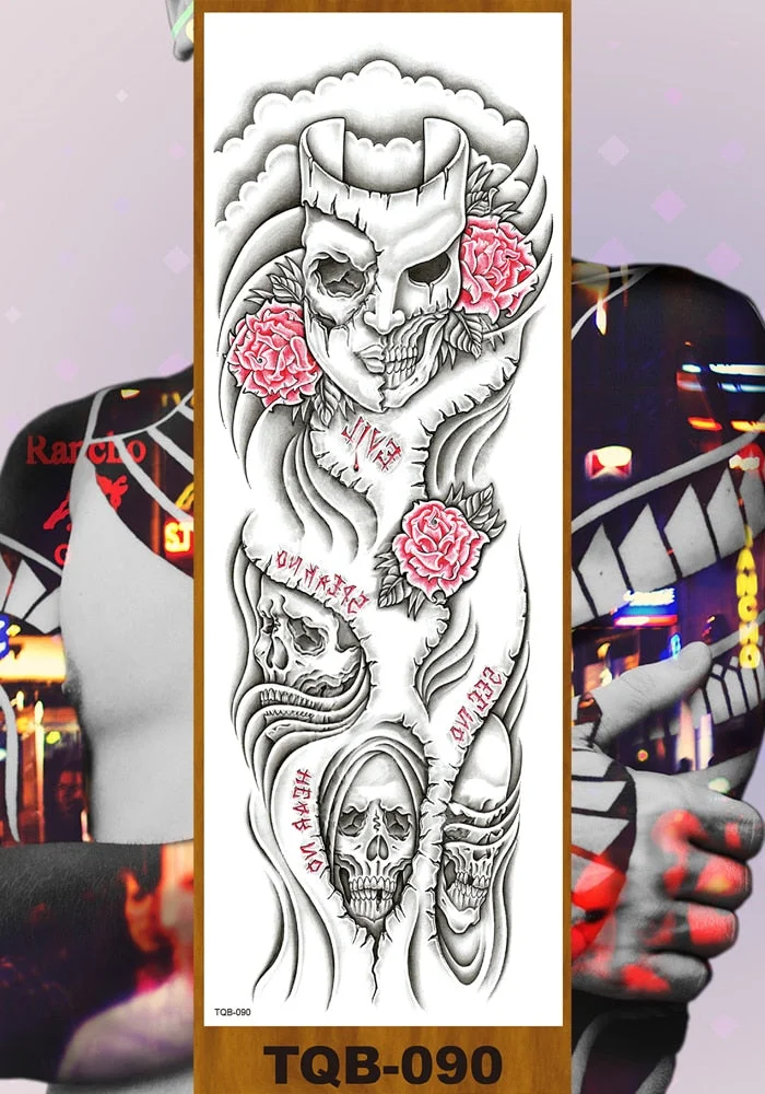 Full Flower Arm Temporary Tattoo Sticker Man Woman Body Leg Fake Tatoo Skull Night Demon Grim Reaper Good and Evil Waterproof