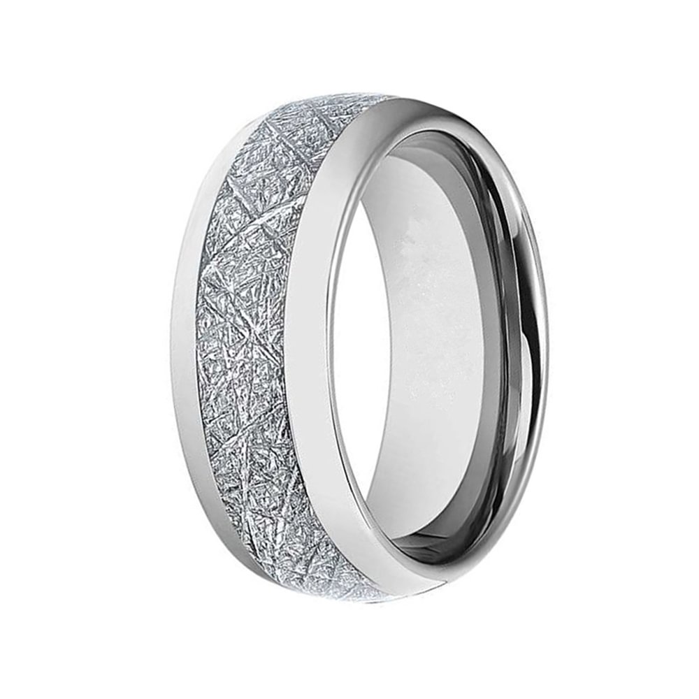 8MM Men Silver Tungsten Ring Dome Meteorites Pattern Inlay Polished Finished