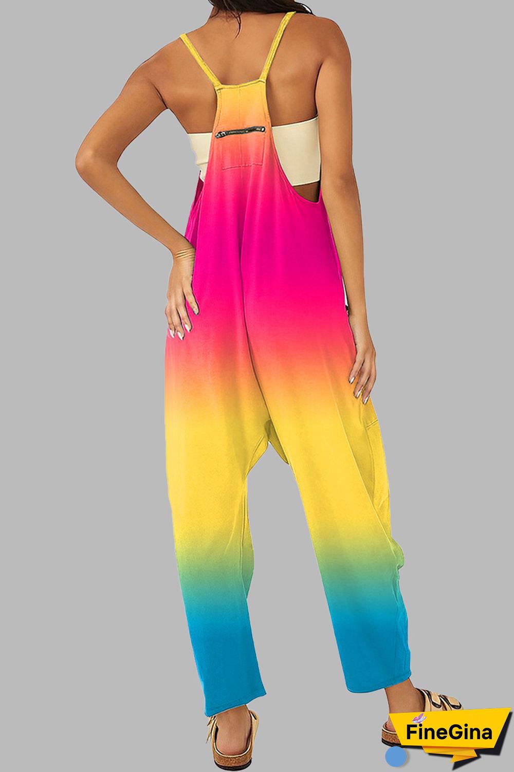 Black khaki Casual Gradual Change Print Patchwork Pocket Zipper Spaghetti Strap Loose Jumpsuits