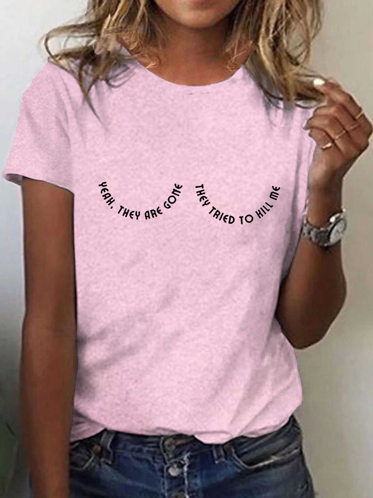 Women's Yeah They Are Gone They Tried To Kill Me Breast Cancer Awareness Print T-Shirt