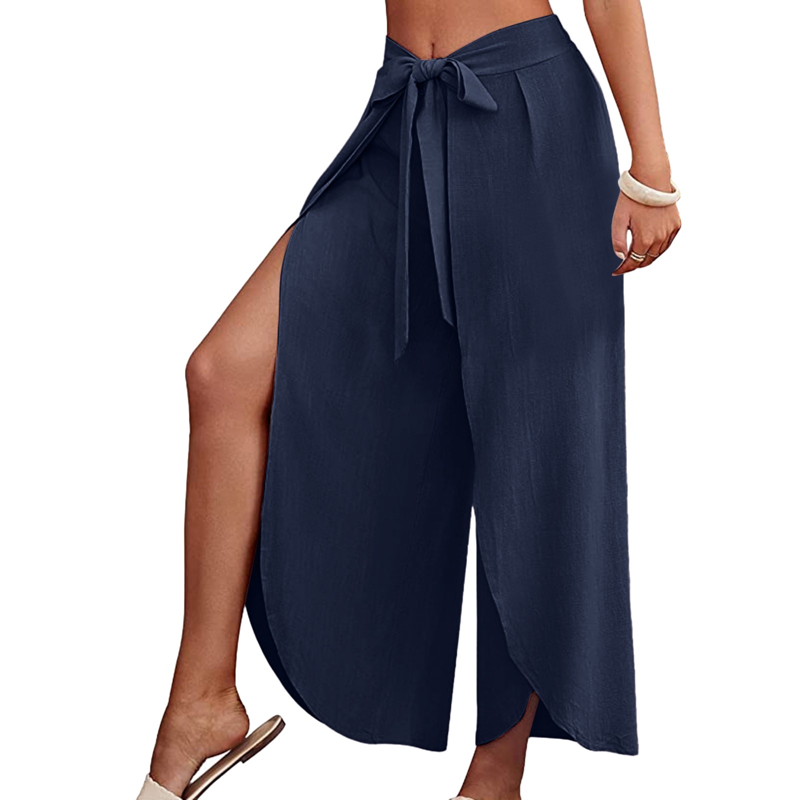 Verbsign Summer Casual Beach Palazzo Pants Ladies Slim Lace Up Business Flared Wide Leg Pants Versatile Beach Pants New Linen Dress Pants