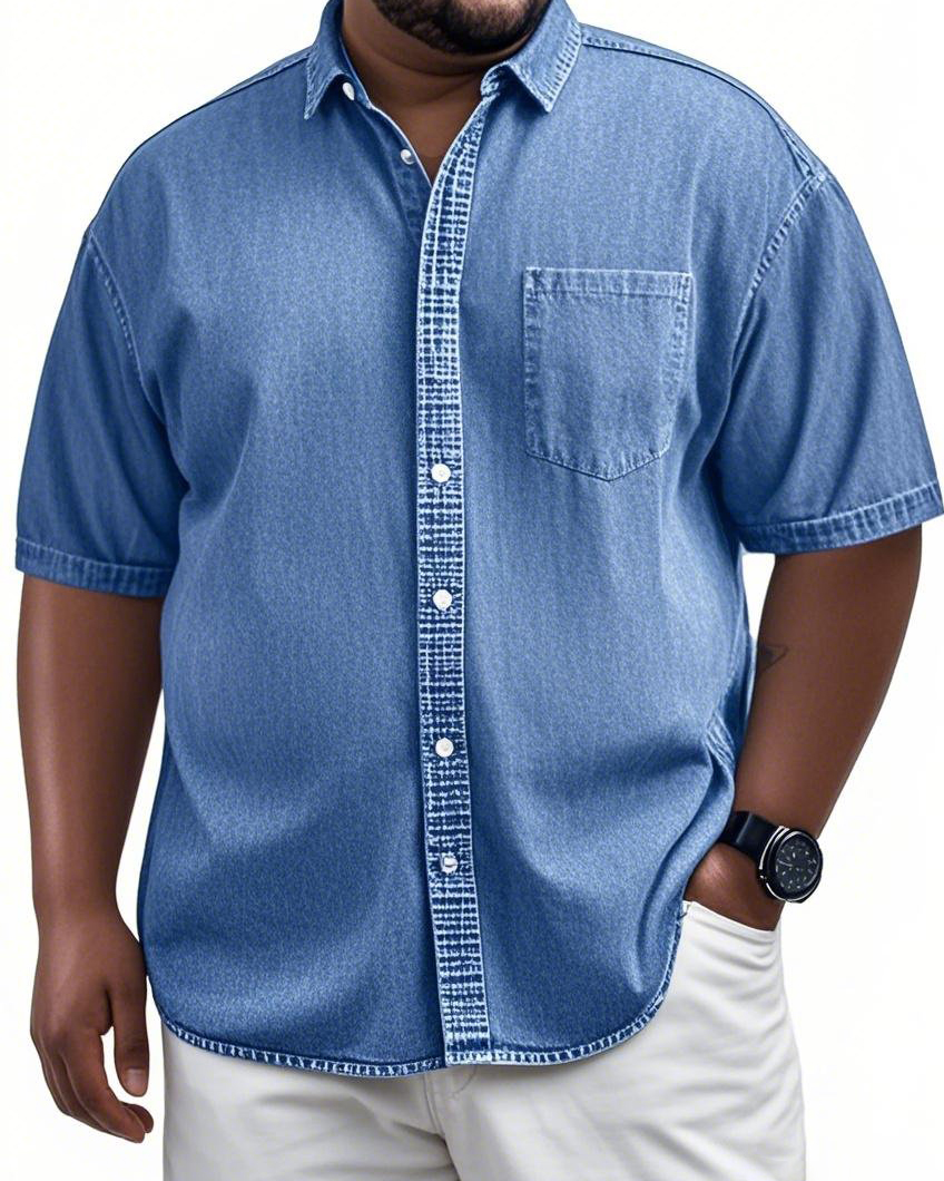Men's Plus Size Washed Denim Button Down Stand Collar Short Sleeve Shirt