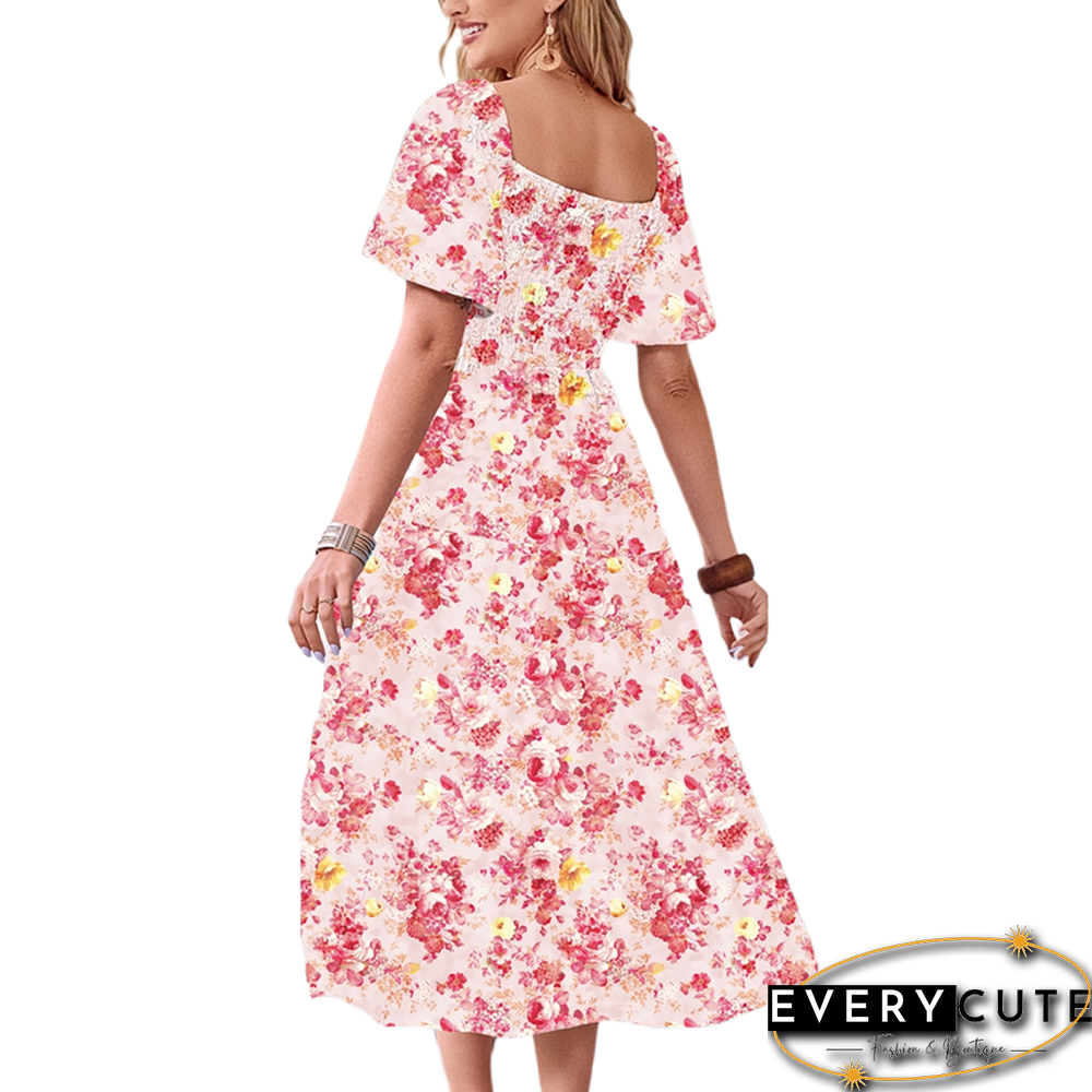 Light Pink Puff Sleeves Back Pleated Floral Dress