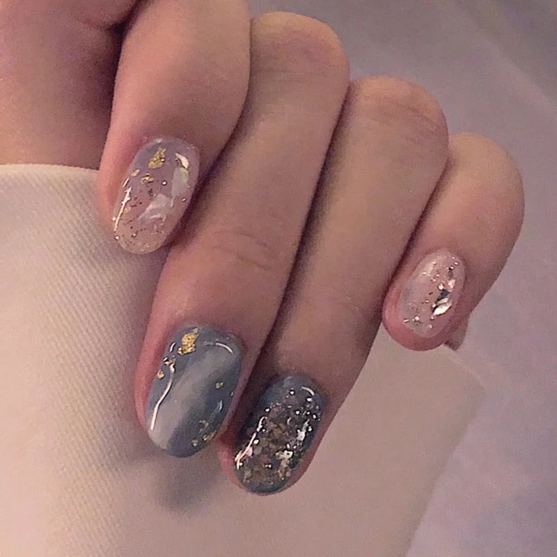 24pcs Gray blue marble pattern short false nails round head press on nails with designs for grils acrylic artificial nail tips-Nail Inspo