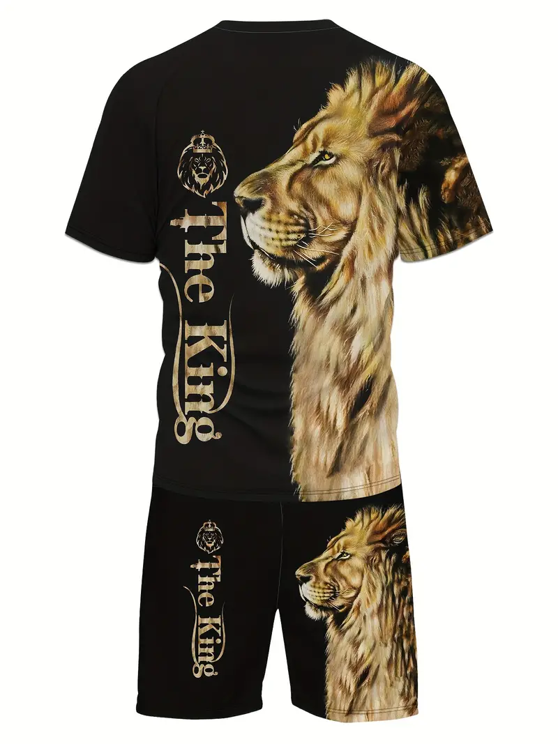 men's outfit, lion pattern casual crew neck short sleeve t-shirt & drawstring shorts 2-piece set for summer outdoor activities mixed color 1