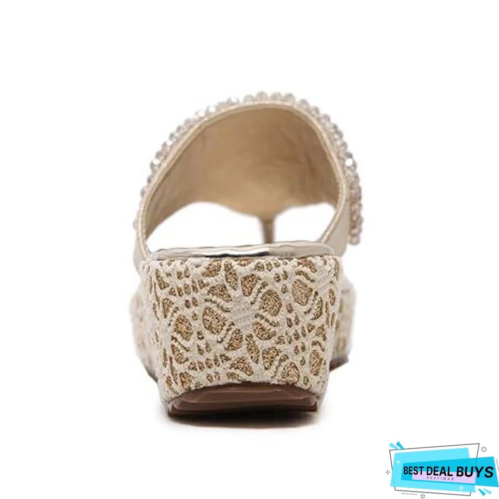 Women's Rhinestone Platform Sandal Shoes Beach Flip Flops Sandals