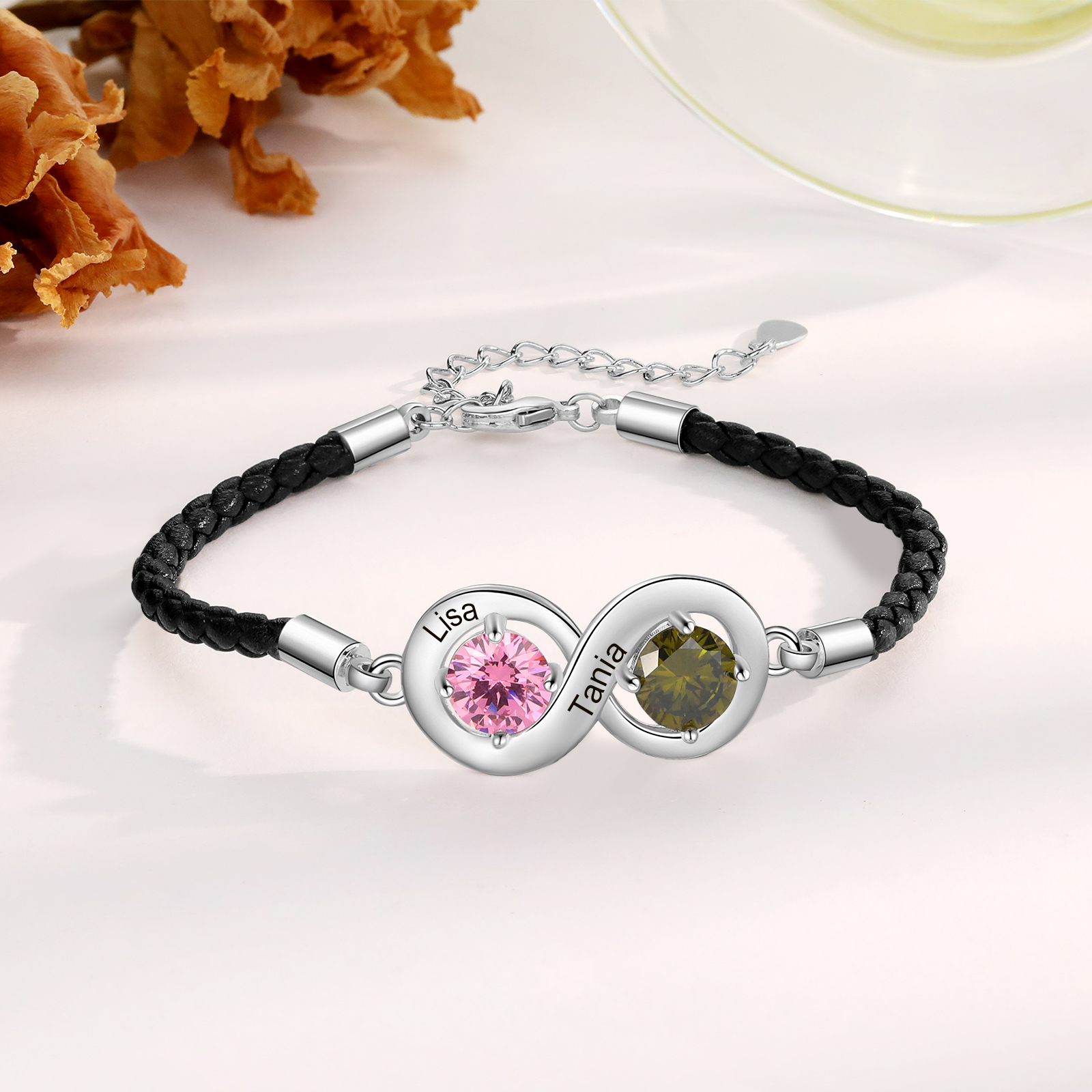 Braccialetto infinito personalizzato con 2 nomi e 2 pietre di nascita regalo per donna