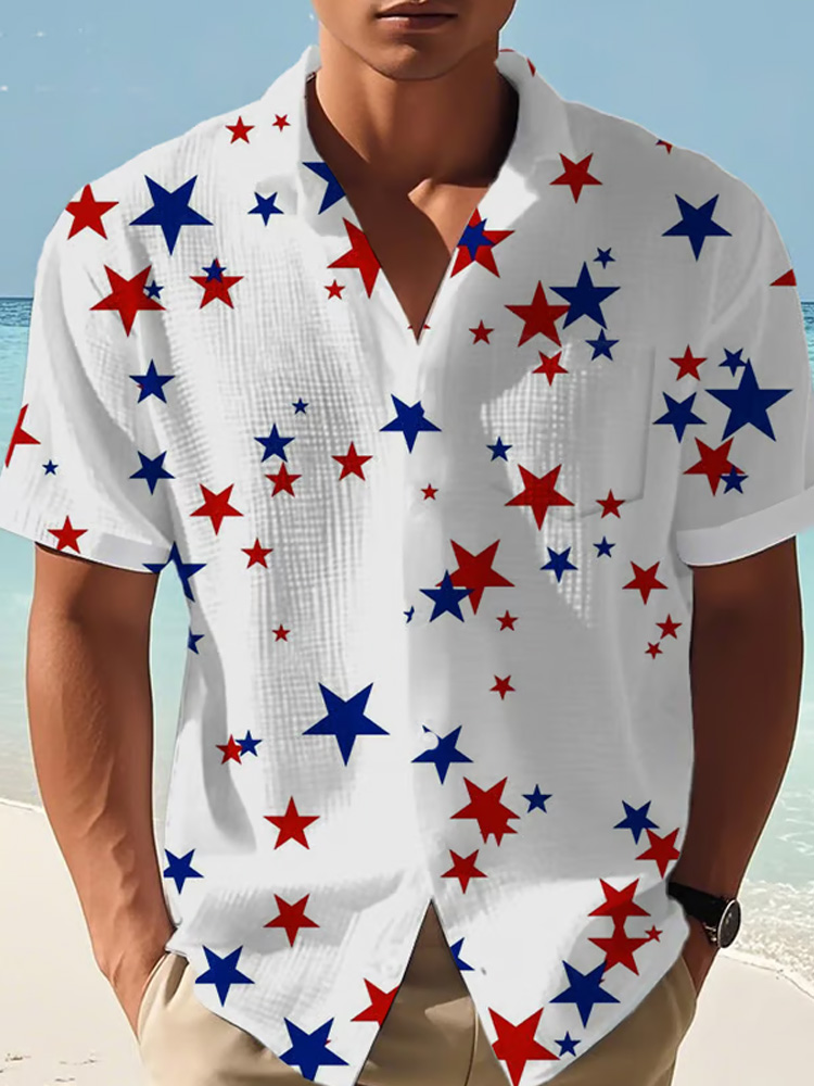 Comstylish Men's Casual Vacation Independence Day Print Waffle Pocket Shirt
