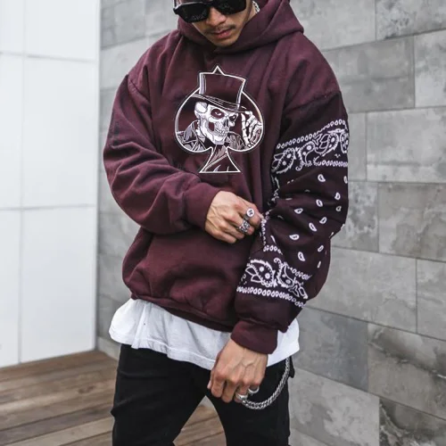 Men's Street Fashion Poker Skull Print Hooded Sweatshirt