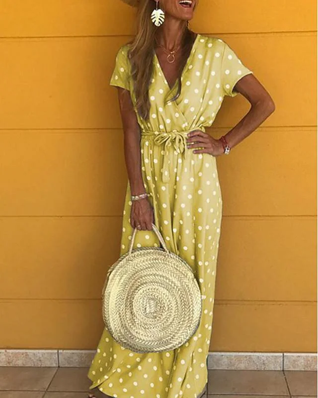 Women's Maxi Long Dress Short Sleeve Polka Dot Print Summer V Neck Hot Yellow Blushing Pink Gray Light Blue