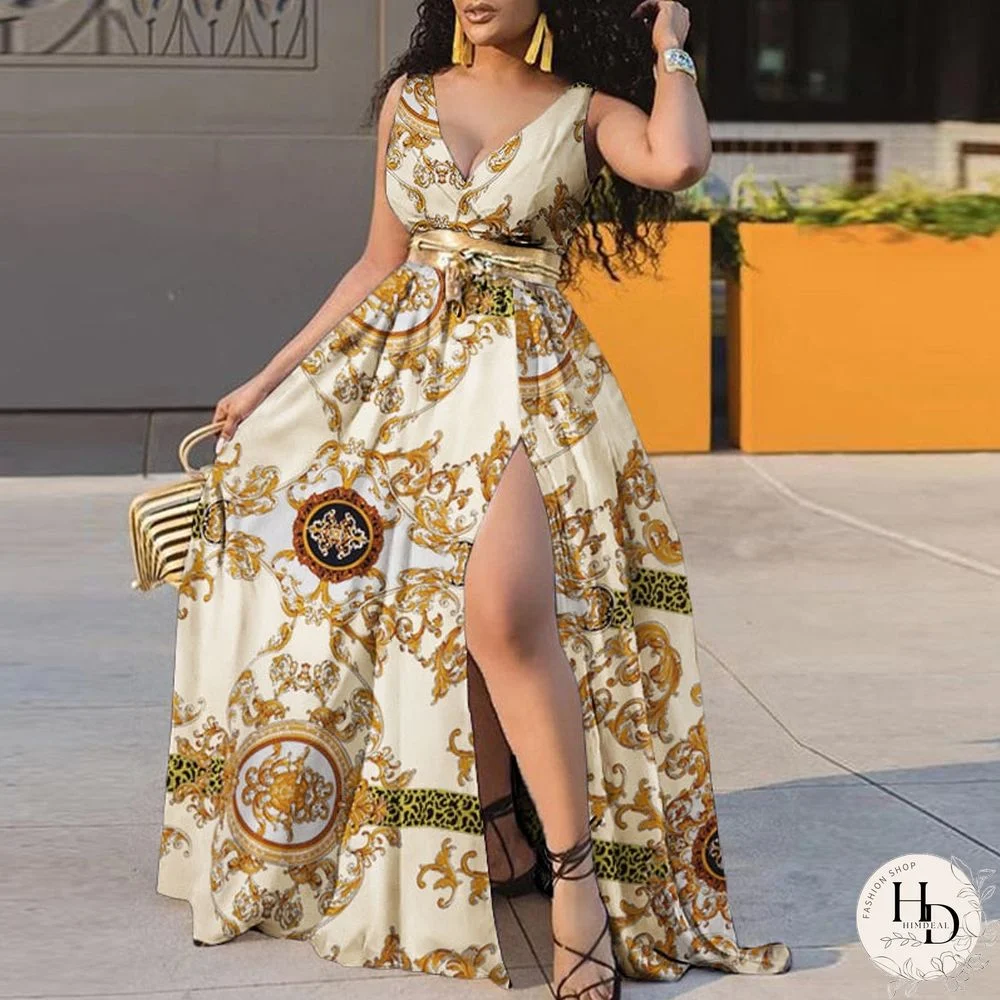 Women Sleeveless V Neck Bohemian Floral Print Beach Dress Sexy High Split Hem Robe Bohemian Vestido Party Beach Dress