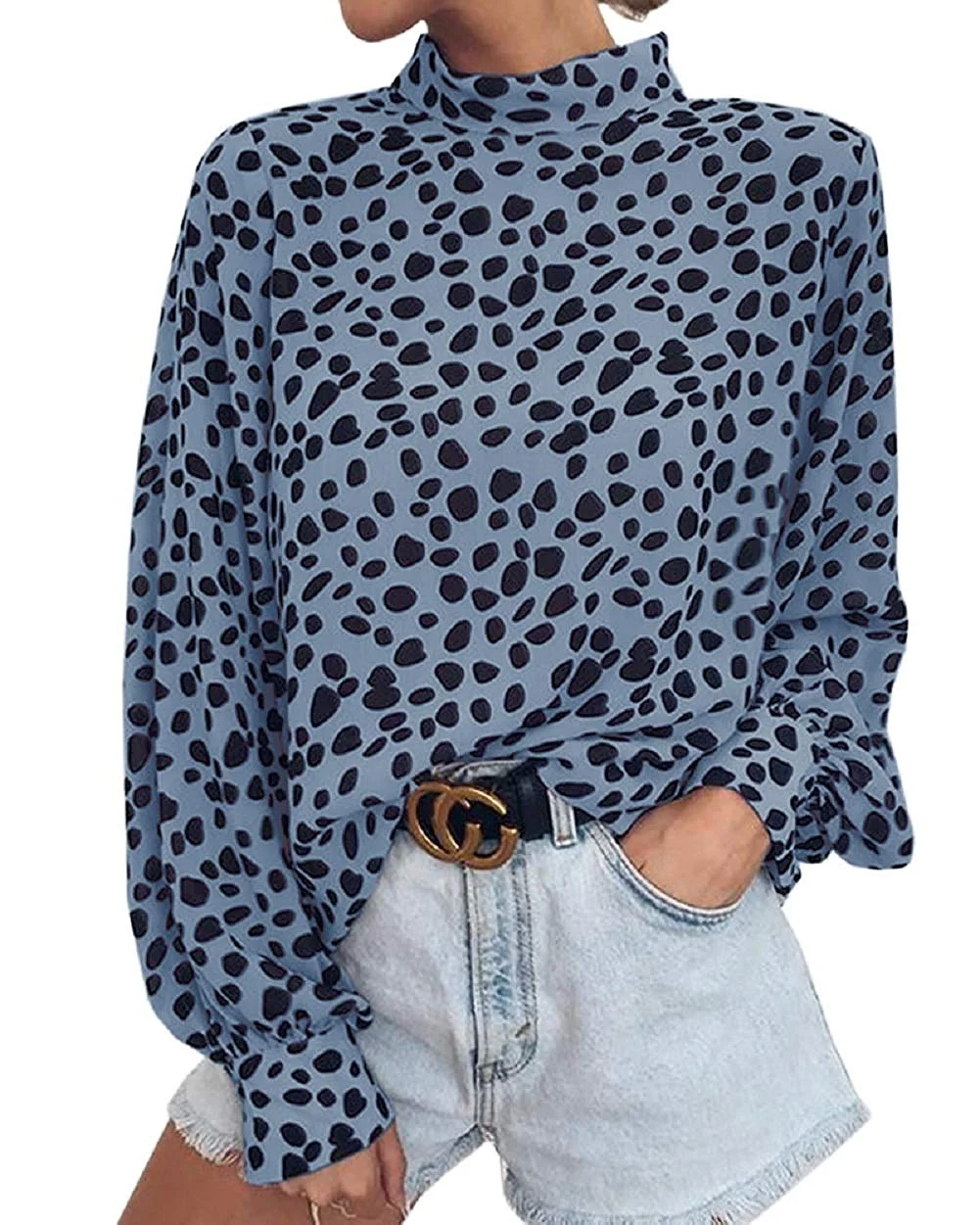 Women's Casual Leopard Print Chiffon Shirts Turtle Neck Long Sleeve Curved Blouse Top