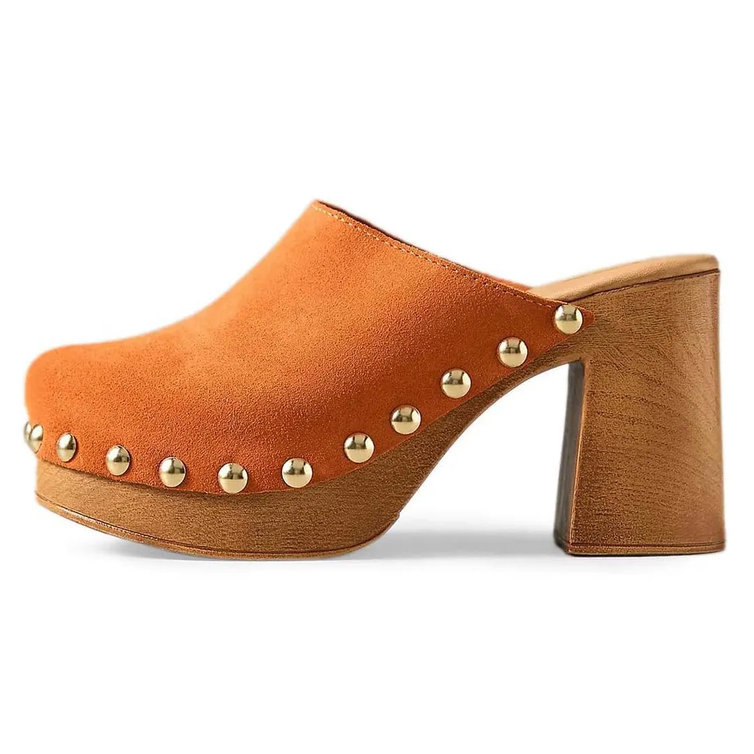 Orange Vegan Suede Studded Round Toe Platform Womens Mules Shoes