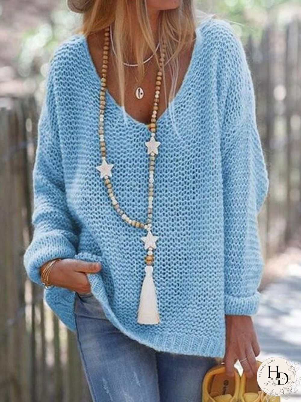 V Neck Loose Hollow Soft Sweater