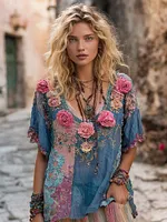 Women's Pink Floral Embroidered Patchwork Art V-neck Linen Blend T-shirt