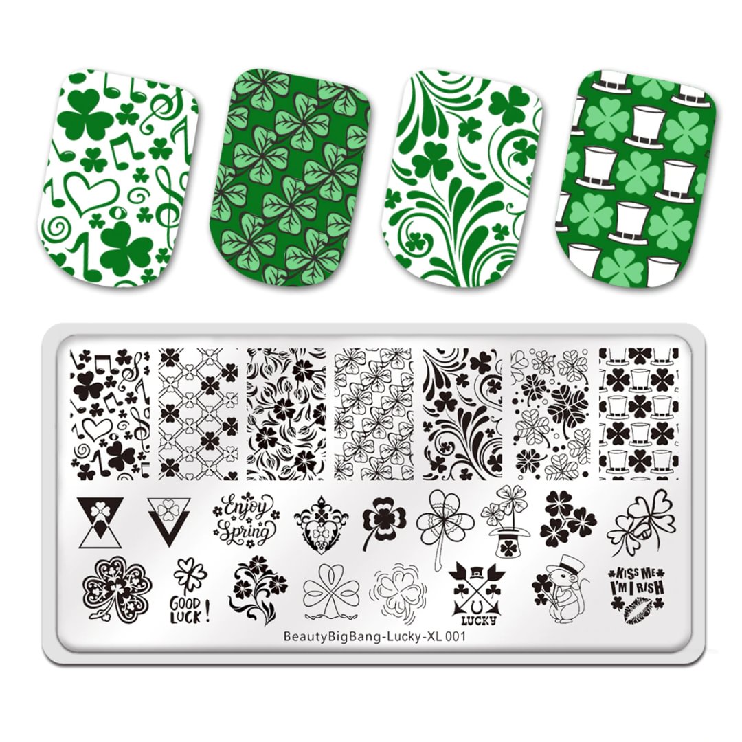 Agreedl BeautyBigBang Rectangle Nail Stamping Plate Patrick Day Four-leaf Clover Lucky Theme Nail Art Template Manicure Stencil